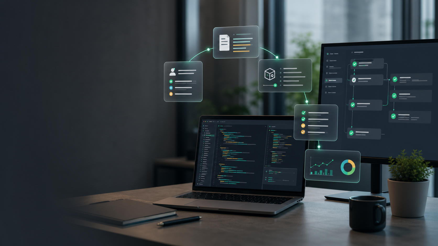 AI coding workspace setup showing context rules, live documentation, sandbox execution, review checklist, and team metrics.
