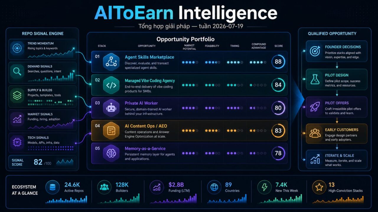 AIToEarn opportunity portfolio cover showing Agent Skills Marketplace, Managed Vibe Coding Agency, Private AI Worker, AI Content Ops, and Memory-as-a-Service.