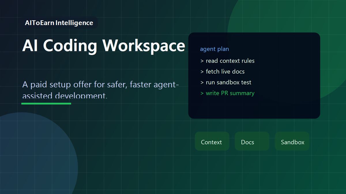 AI coding workspace setup showing context rules, live documentation, sandbox execution, review checklist, and team metrics.