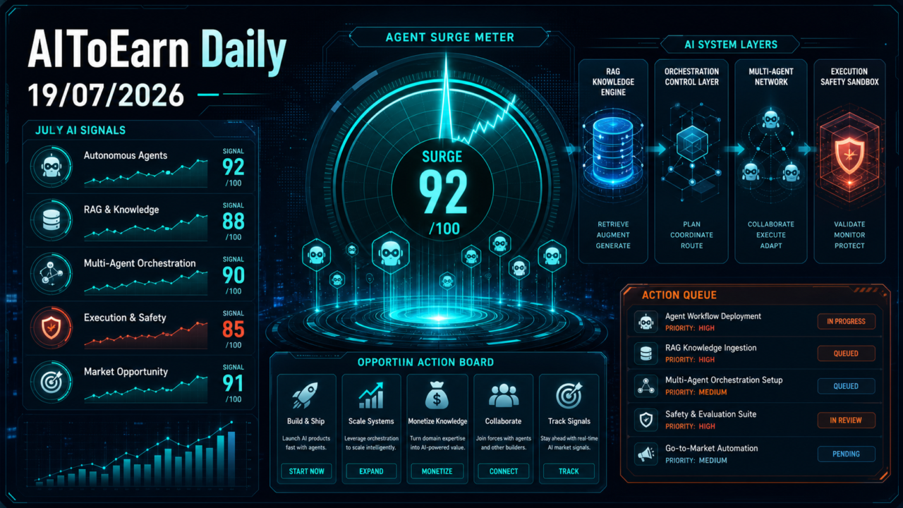 July AI signal surge dashboard covering autonomous agents, RAG systems, multi-agent orchestration, and execution safety.