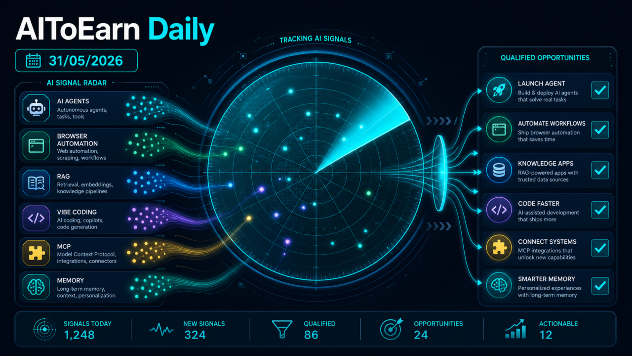 Daily AI signal radar covering AI agents, browser automation, RAG, vibe coding, MCP, memory, and qualified opportunities.