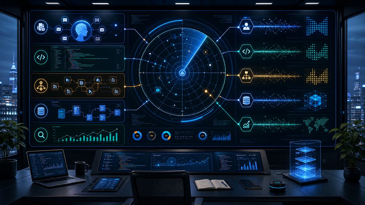 Daily AI opportunity radar showing personal agents, coding terminal, workflow automation, RAG data pipeline and GEO growth signals.