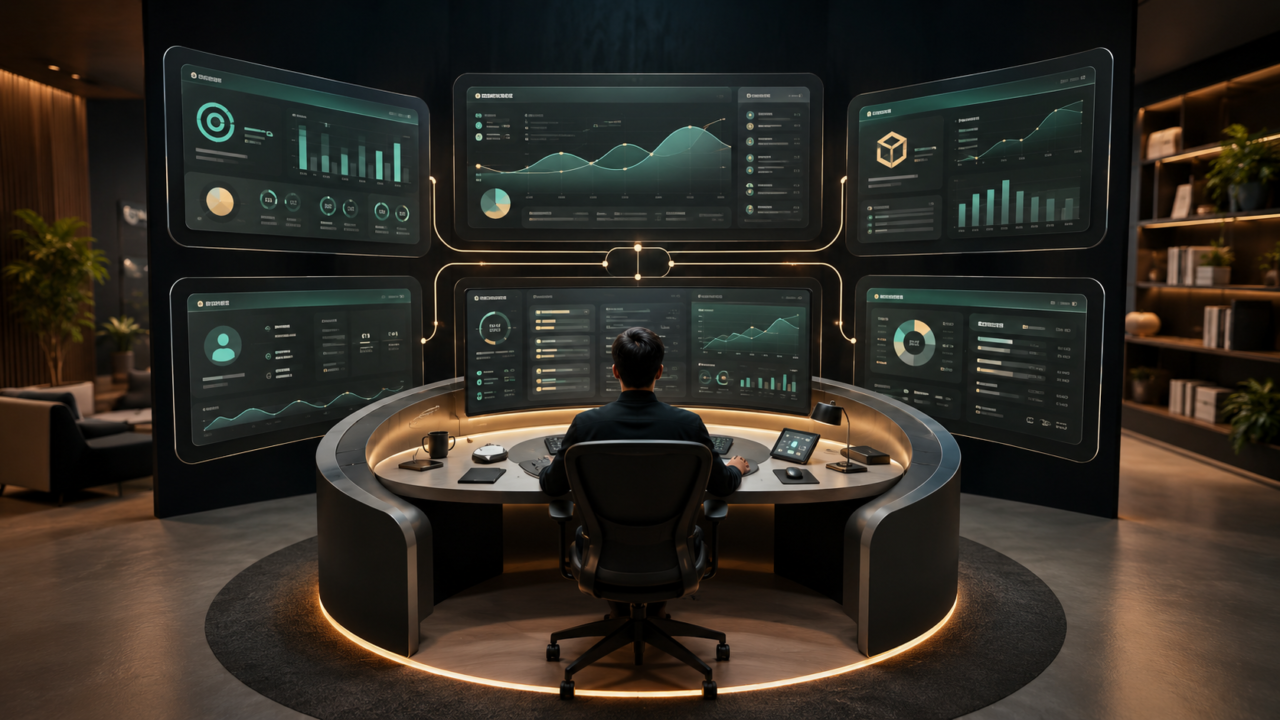 One-person company opportunity hub showing a single founder command center orchestrating AI panels for marketing, product, support, finance, and operations.