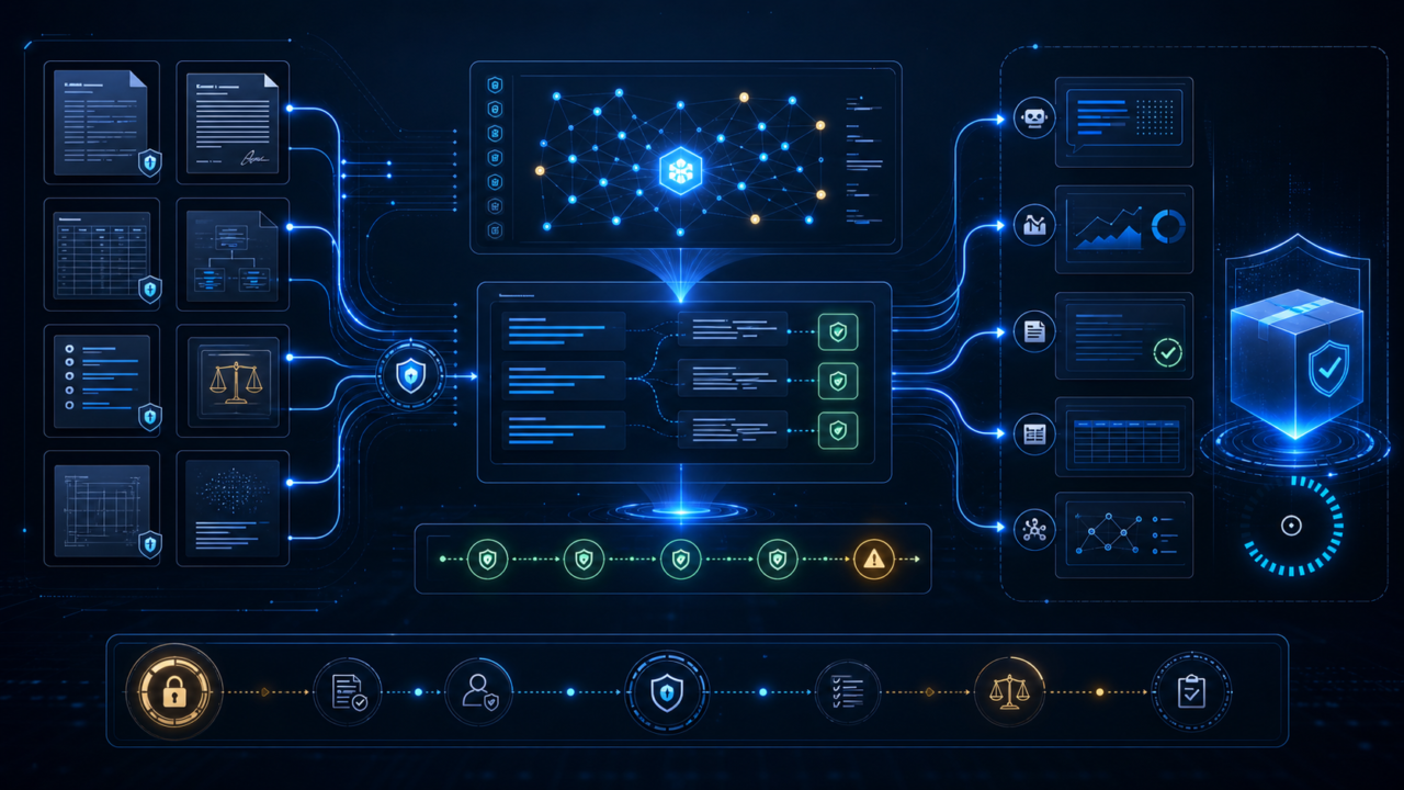 Secure document AI pilot workspace with PDFs, tables, citations, retrieval paths, evaluation checks, and compliance controls.