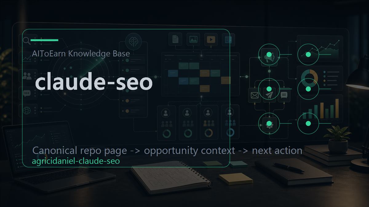 Knowledge-base page for claude-seo, shown as an AI opportunity intelligence visual tied to its topic cluster.