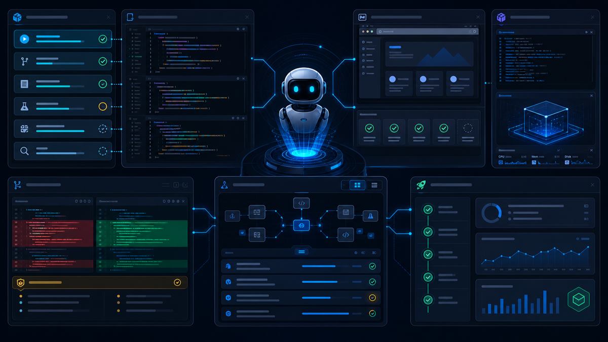 Autonomous software engineering cockpit with task queue, code lanes, browser testing panels, sandbox execution, and review checks.