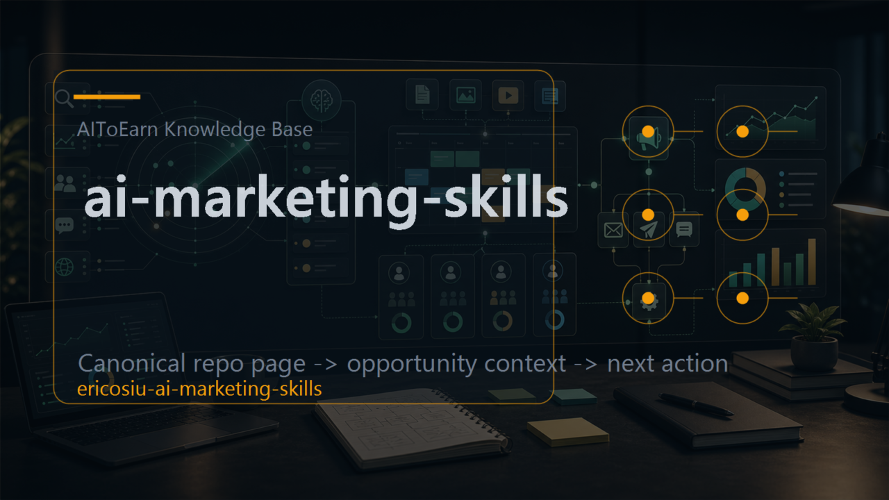 Knowledge-base page for ai-marketing-skills, shown as an AI opportunity intelligence visual tied to its topic cluster.