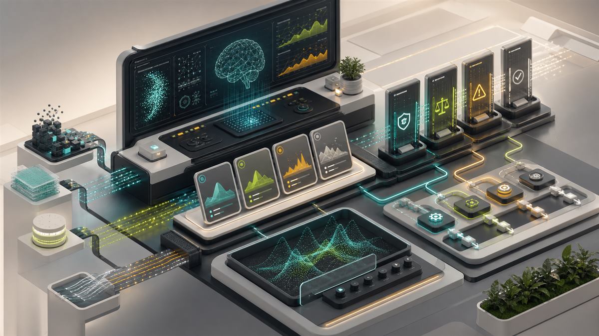 Risk-aware data analysis command center with data streams, scenario cards, backtest sandbox, risk gates, and automation routes.