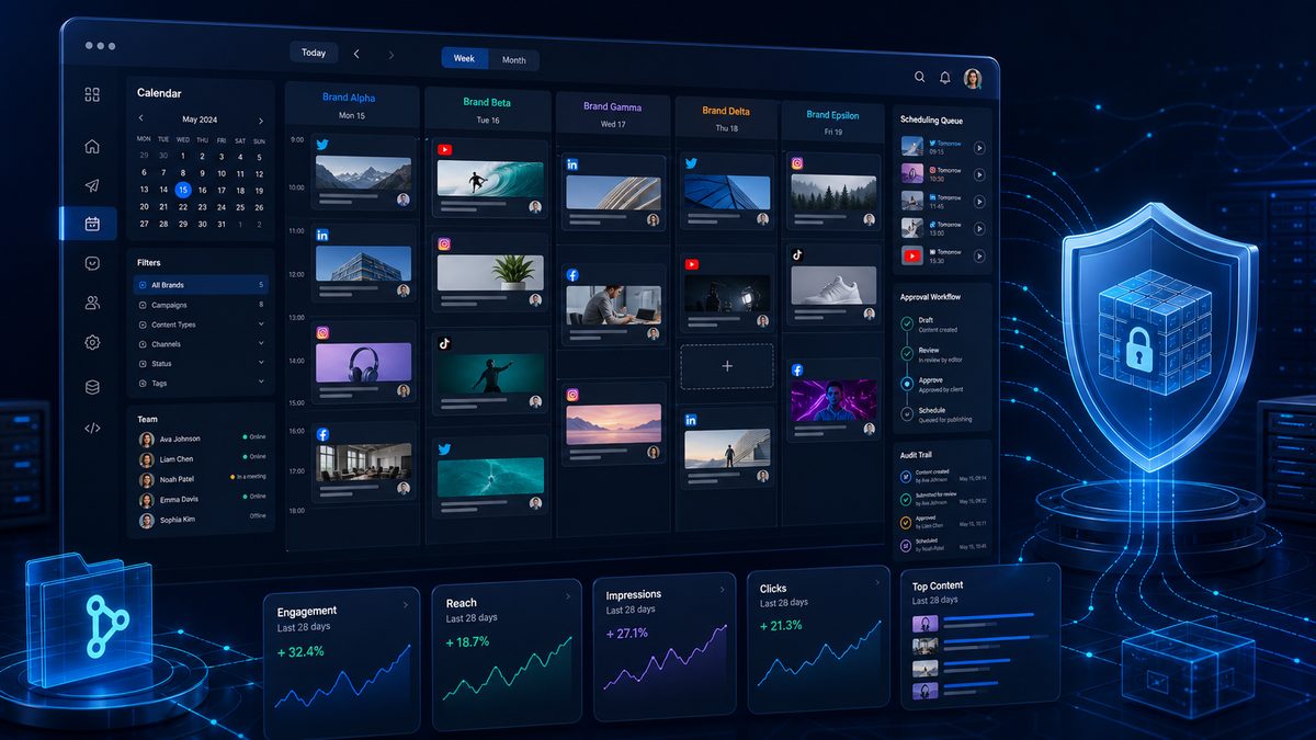 Mixpost knowledge page showing self-hosted social content calendar, multi-brand scheduling, approval workflow, and data controls.