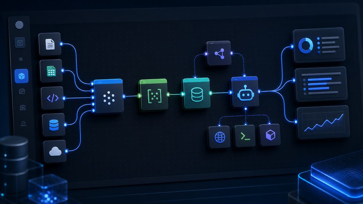 Low-code AI workflow canvas connecting retrieval, tools, prompts, and evaluation nodes into a reusable RAG builder flow.