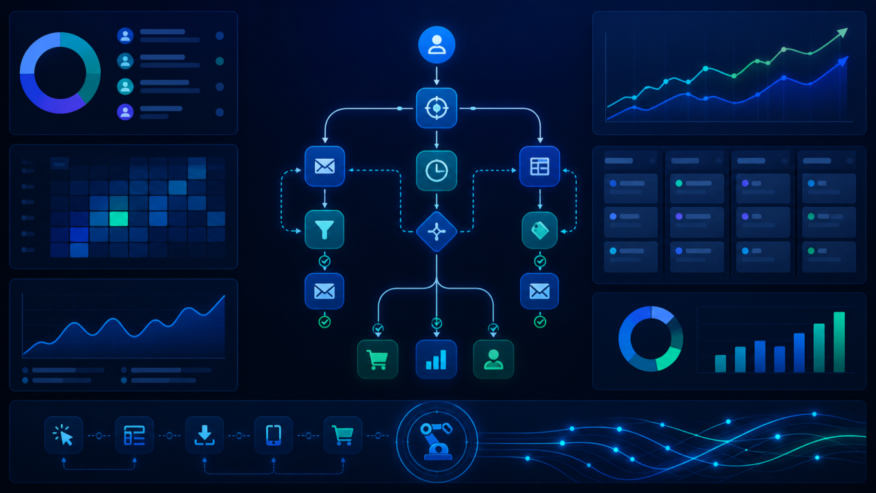 Marketing automation dashboard with email journeys, lead segments and CRM performance signals.