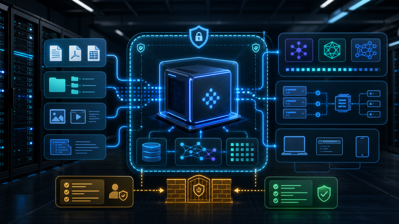 Self-hosted local AI runtime with private model modules, document retrieval, memory stores, and data boundary controls.