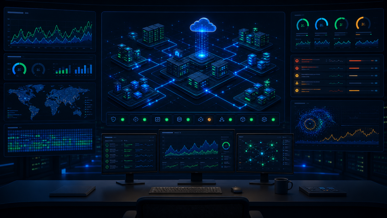 Realtime observability command center with infrastructure nodes, alert streams, service health panels, and anomaly signals.