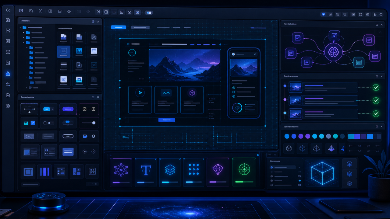 Local-first AI design workspace with design system components, skill modules, review lanes, and export panels.