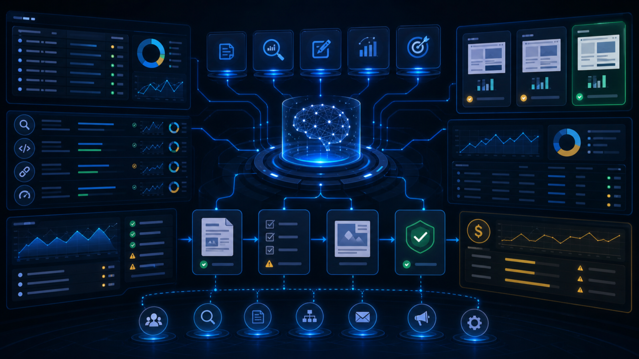 Marketing automation command center with SEO audit lanes, campaign controls, content quality gates, and AI skill modules.