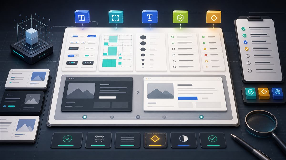 AI-built UI quality review board with component cards, spacing grid, typography checks, before-after panels, and production gates.