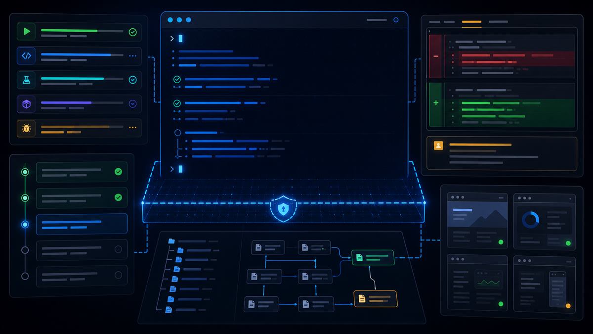 Secure coding agent terminal with task execution lanes, sandbox boundary, diff review panels, and debug cards.