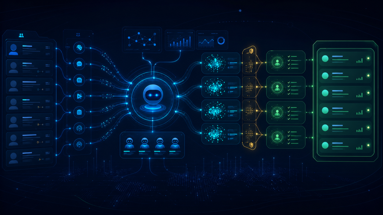 Growth intelligence cockpit connecting profile signals, channel nodes, prospect clusters, and outreach qualification lanes.