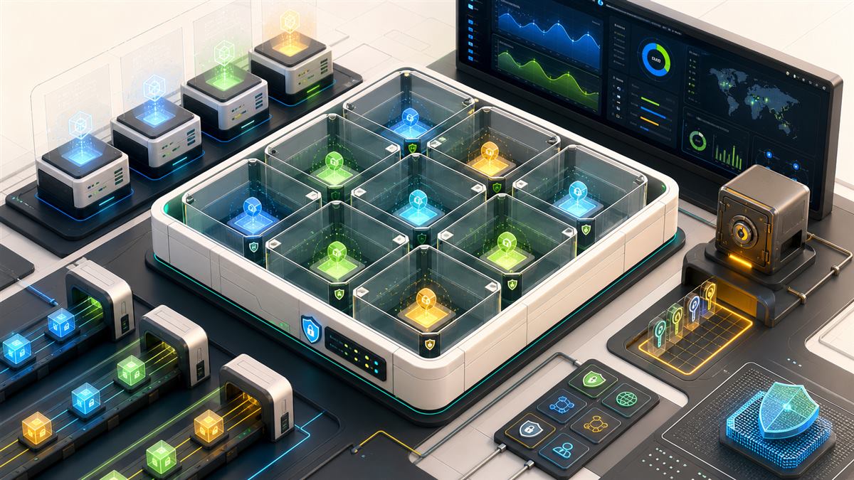 Secure AI agent sandbox grid with isolated execution cells, credential vault, network controls, workload lanes, and audit dashboards.