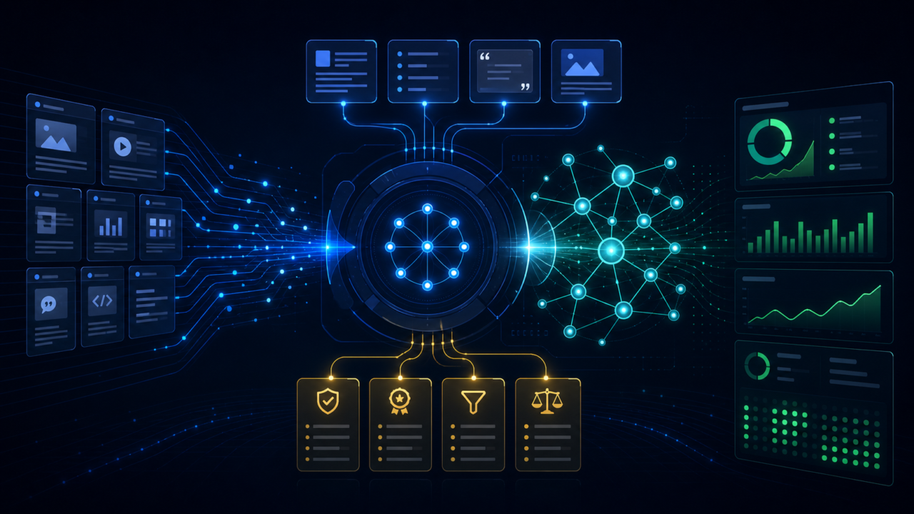 Generative engine optimization pipeline connecting research tiles, citation graphs, quality gates, and visibility indicators.
