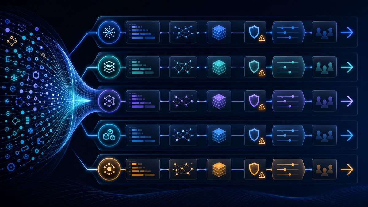 Solution playbook showing AI signals flowing into five commercial opportunity lanes with risk checkpoints, buyer markers, and next-action arrows.