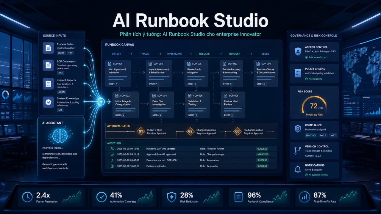 Enterprise AI Runbook Studio turning process notes, SOP documents, incident reports, and system knowledge into governed executable workflows.