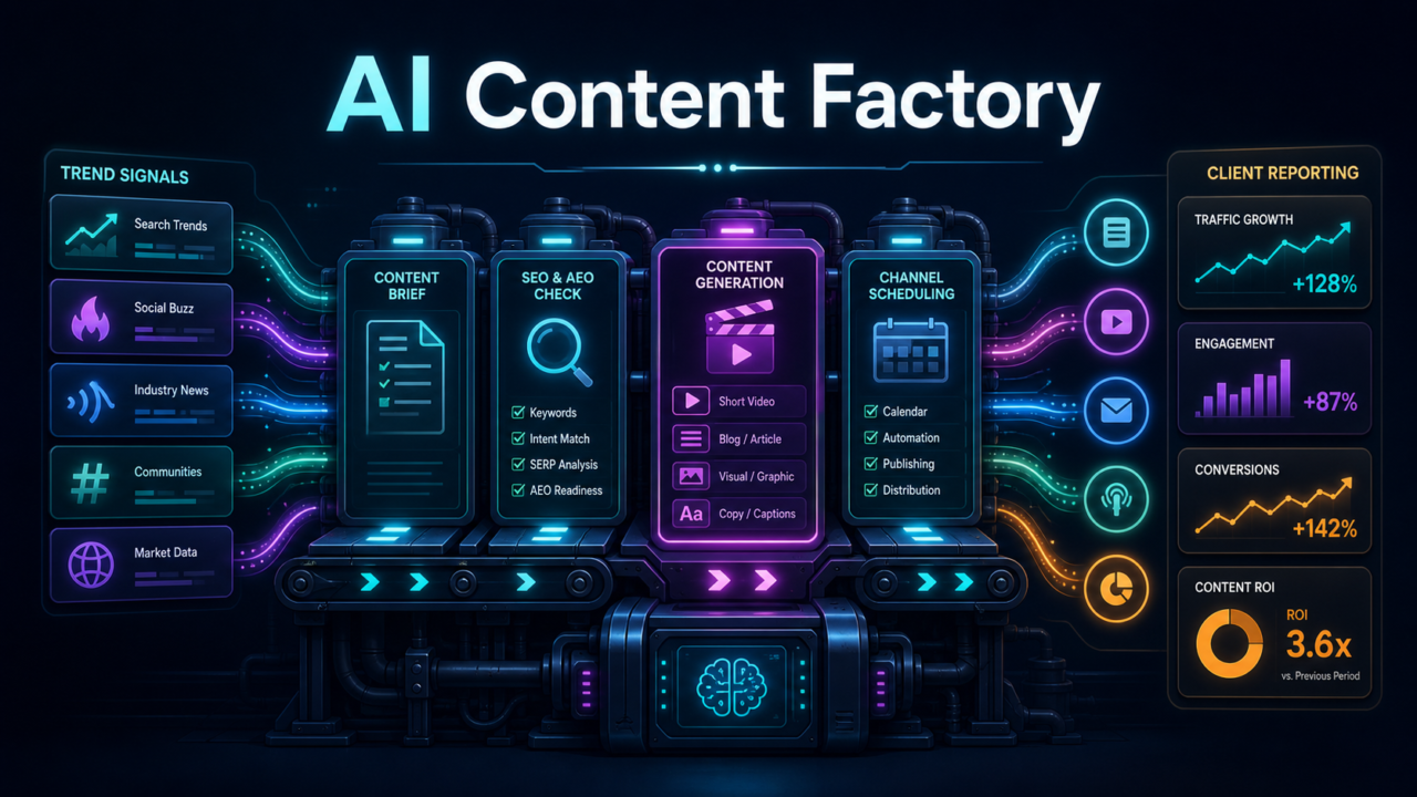 AI Content Factory pipeline turning trend signals into content briefs, SEO and AEO checks, content generation, scheduling, and client reporting.