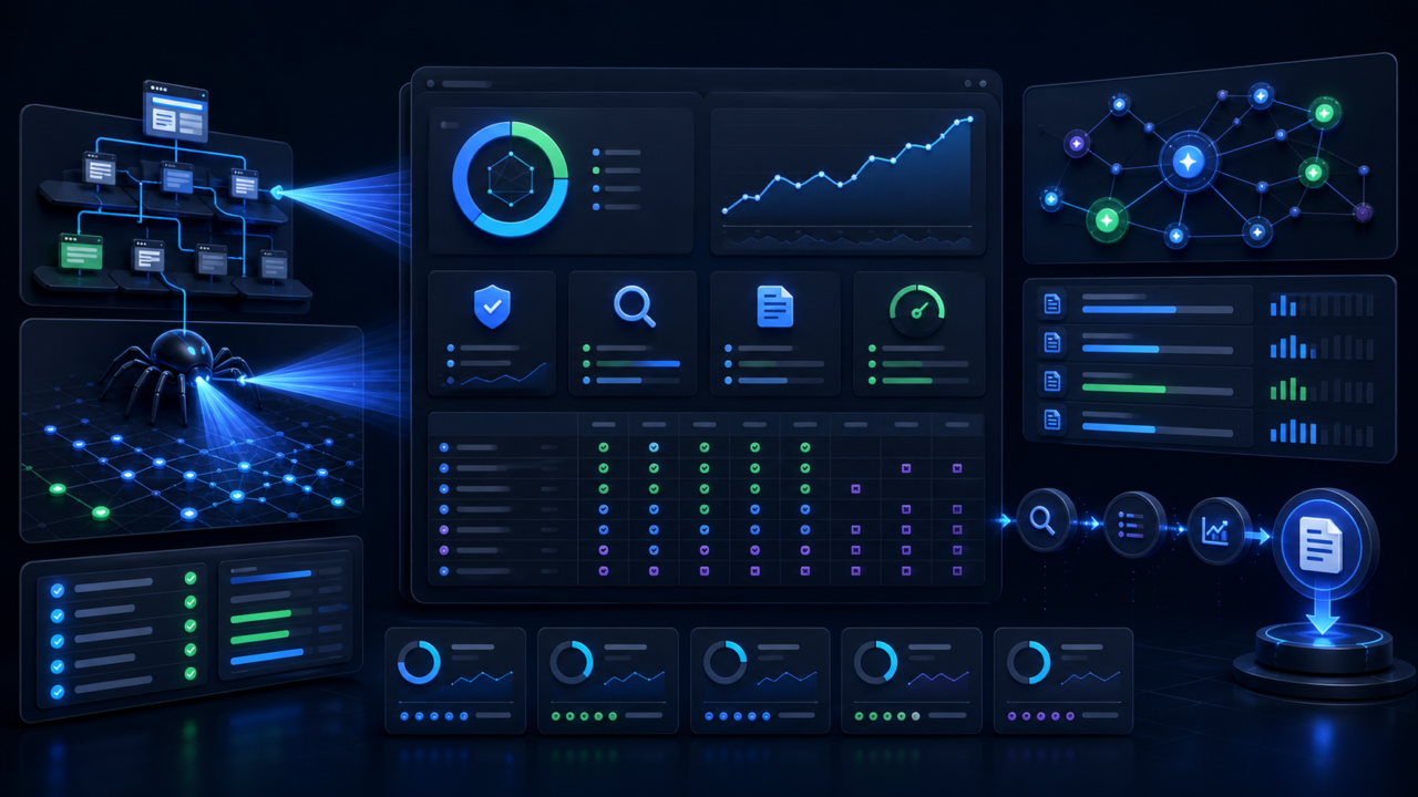 SEO and GEO audit dashboard with crawl paths, search visibility signals, content gap matrix, and report workflow.
