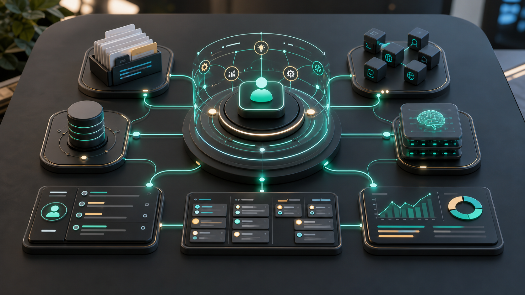 AI agent opportunity hub showing modular agents connected to tools, memory, documents, and workflow tasks.
