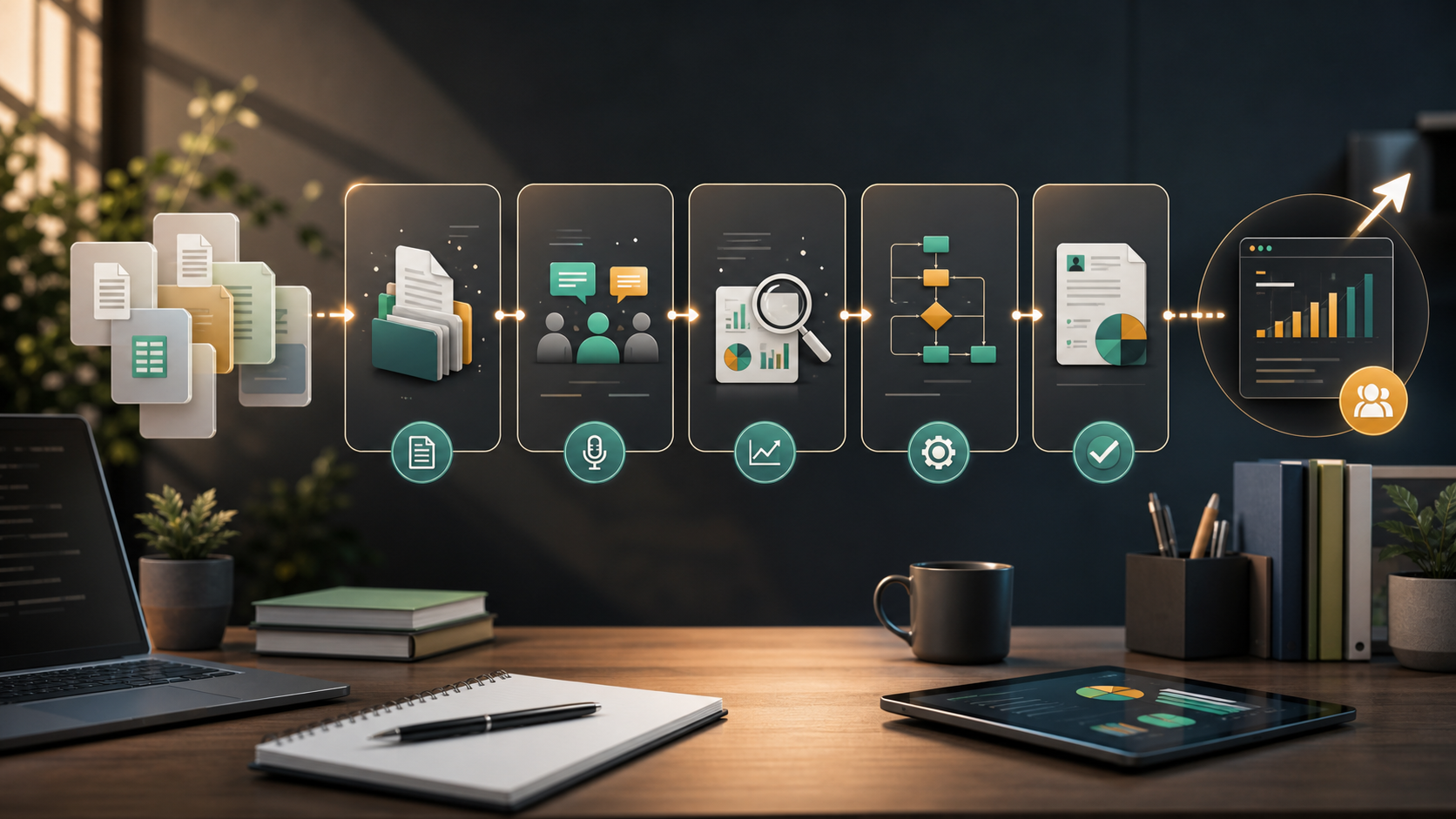 AI applications at work hub showing documents, meeting notes, analysis workflows, and decision reports.