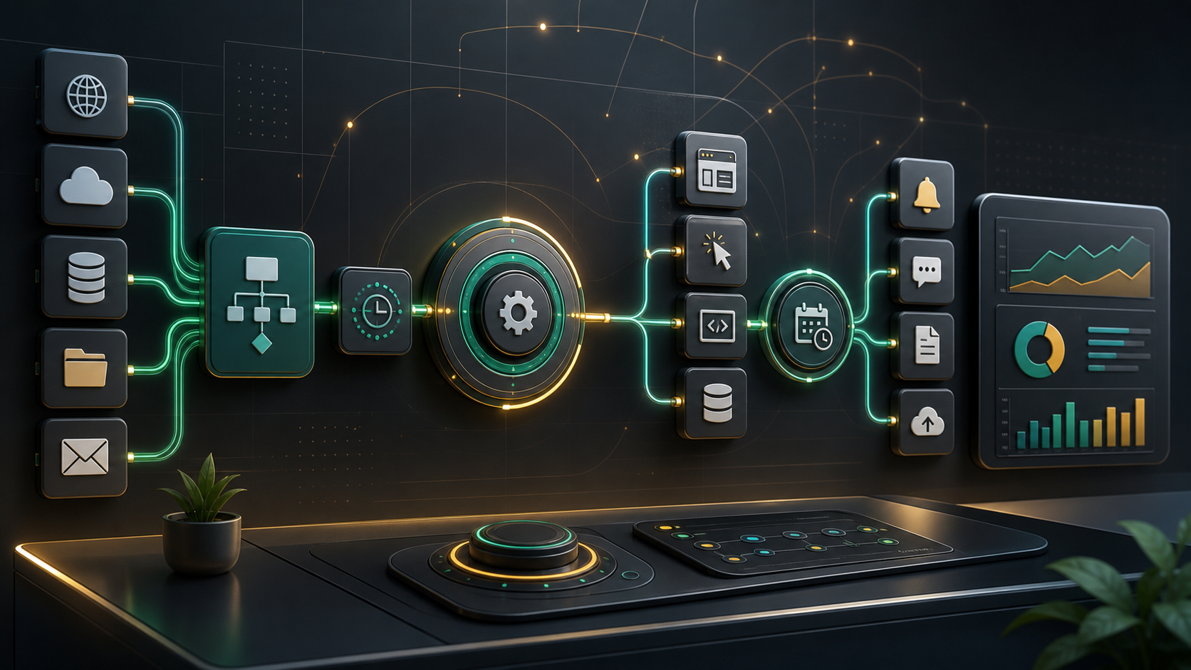 Automation opportunity hub showing connected workflow nodes across apps, data sources, task queues, and reports.