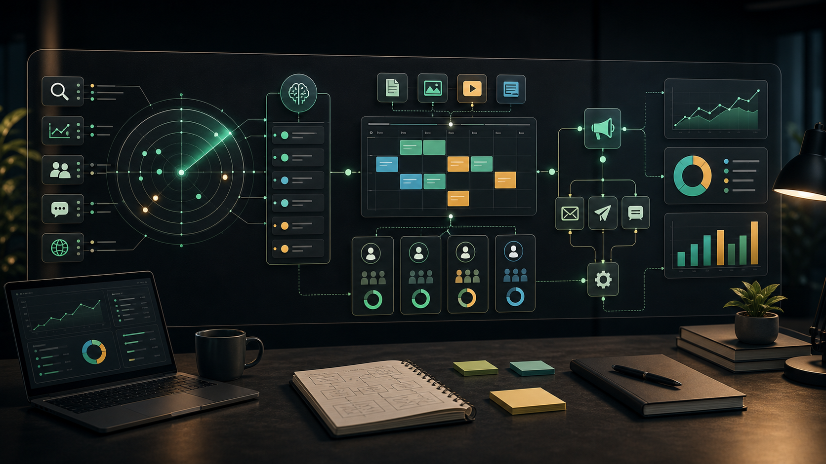 Marketing AI opportunity hub showing trend radar, content planning, campaign automation, audience segments, and analytics.