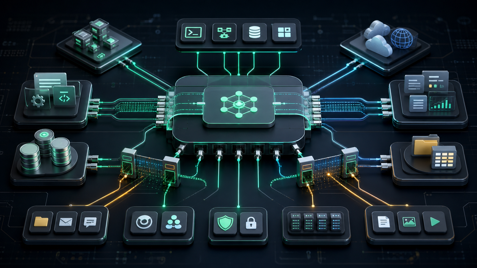MCP opportunity hub showing protocol bridges connecting AI agents with tools, APIs, datasets, and internal systems.
