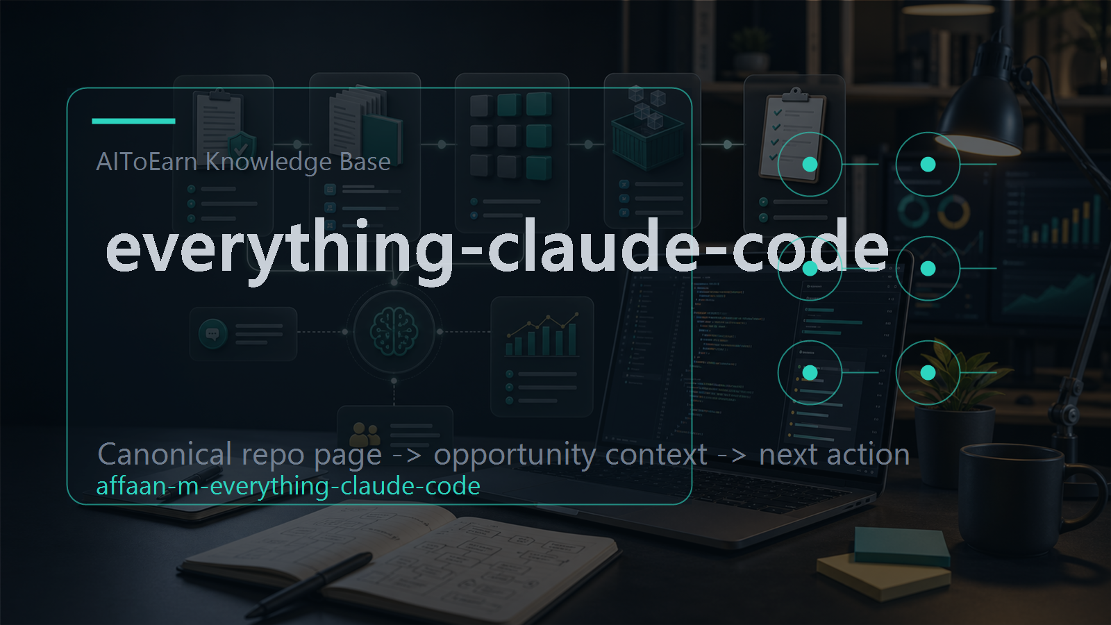 Knowledge-base page for everything-claude-code, shown as an AI opportunity intelligence visual tied to its topic cluster.