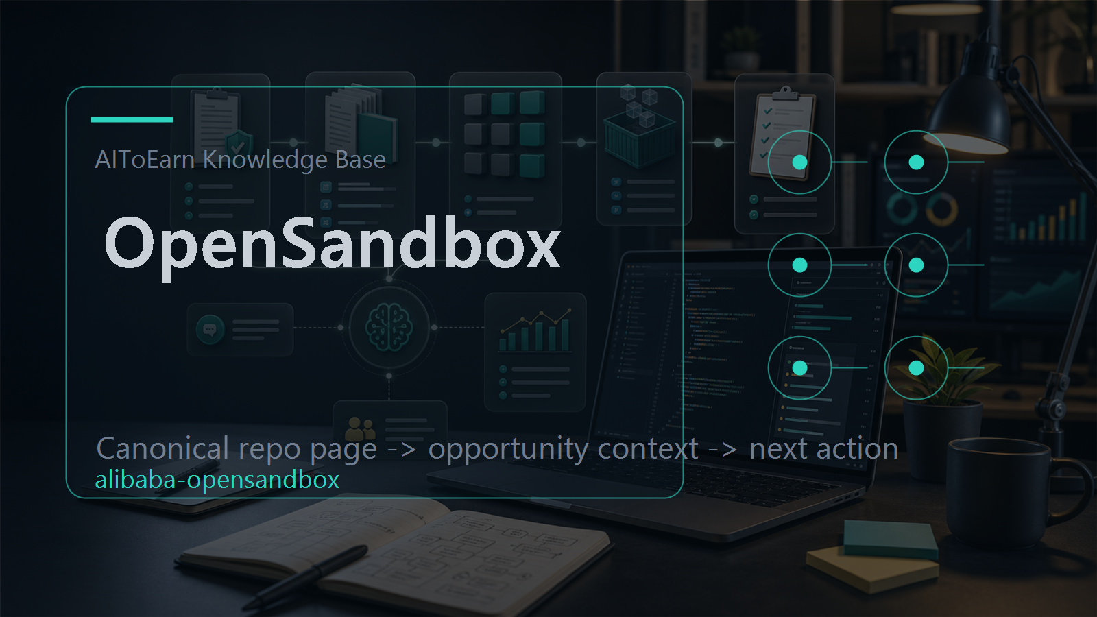Knowledge-base page for OpenSandbox, shown as an AI opportunity intelligence visual tied to its topic cluster.