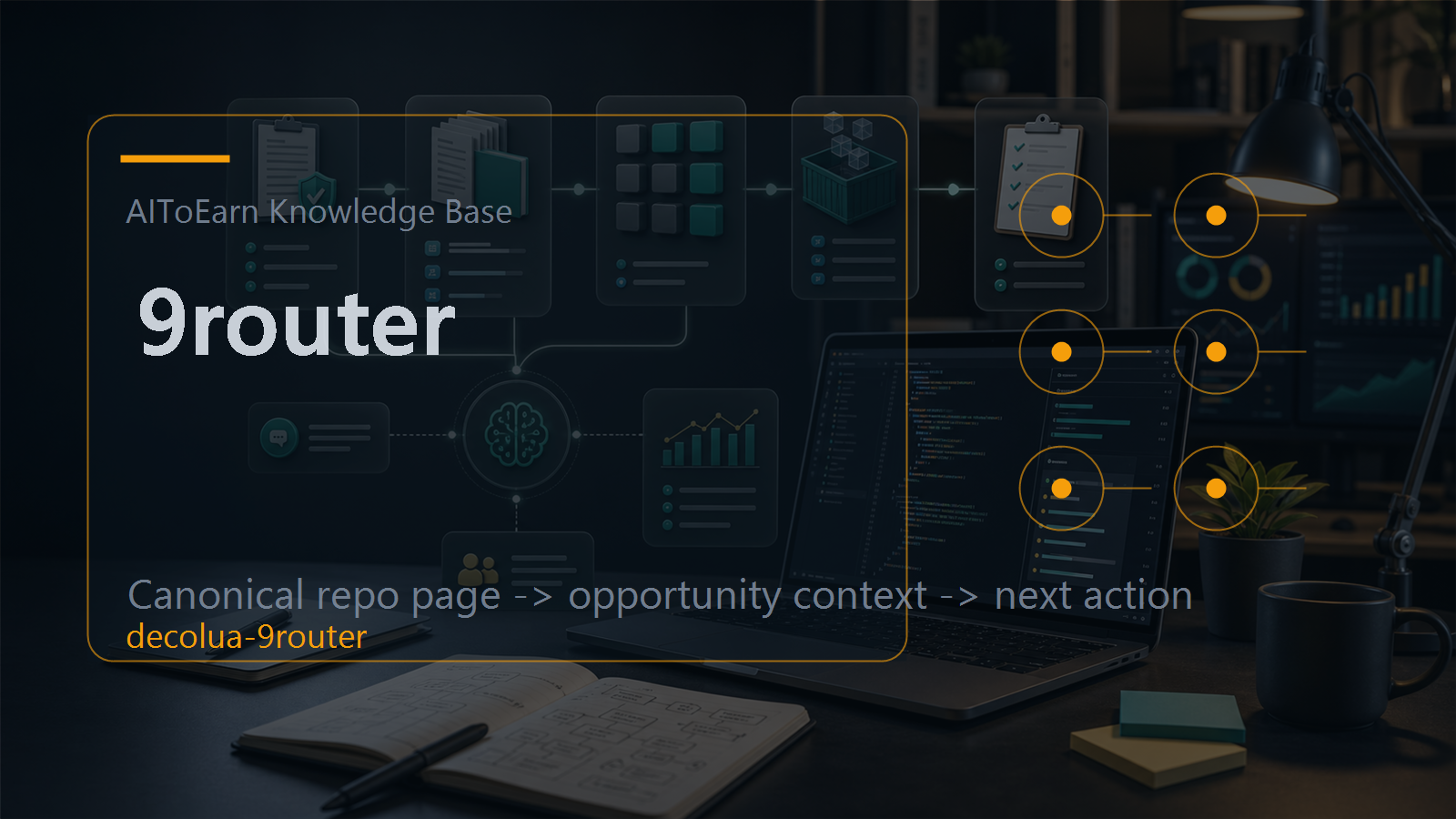 Knowledge-base page for 9router, shown as an AI opportunity intelligence visual tied to its topic cluster.