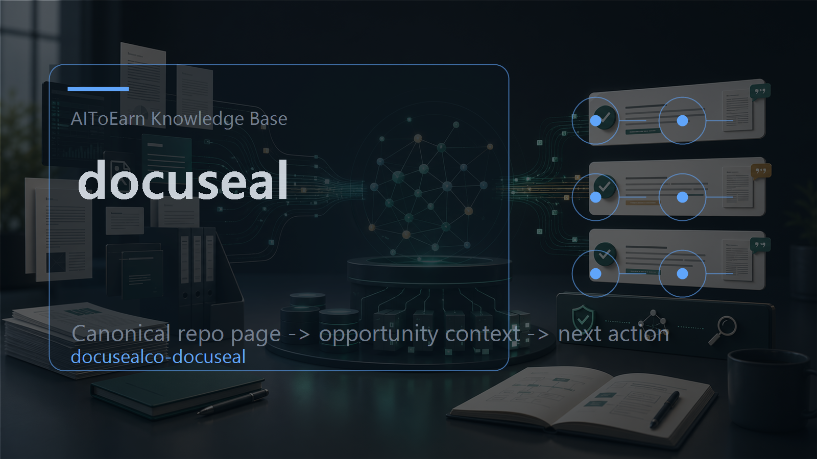 Knowledge-base page for docuseal, shown as an AI opportunity intelligence visual tied to its topic cluster.