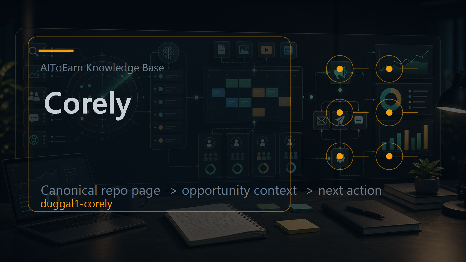 Knowledge-base page for Corely, shown as an AI opportunity intelligence visual tied to its topic cluster.