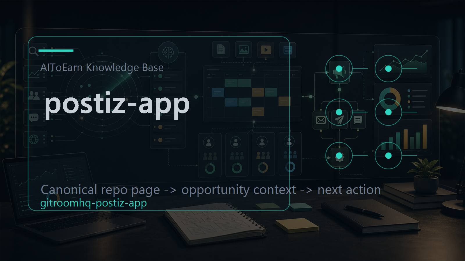 Knowledge-base page for postiz-app, shown as an AI opportunity intelligence visual tied to its topic cluster.