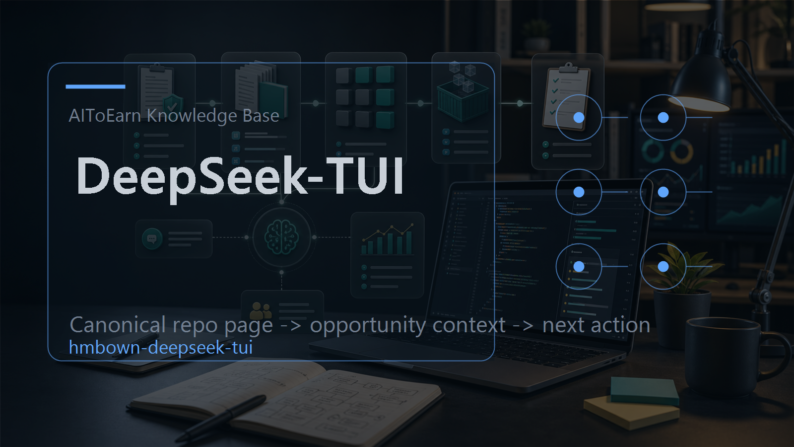 Knowledge-base page for DeepSeek-TUI, shown as an AI opportunity intelligence visual tied to its topic cluster.