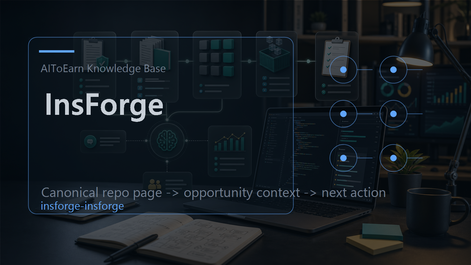 Knowledge-base page for InsForge, shown as an AI opportunity intelligence visual tied to its topic cluster.