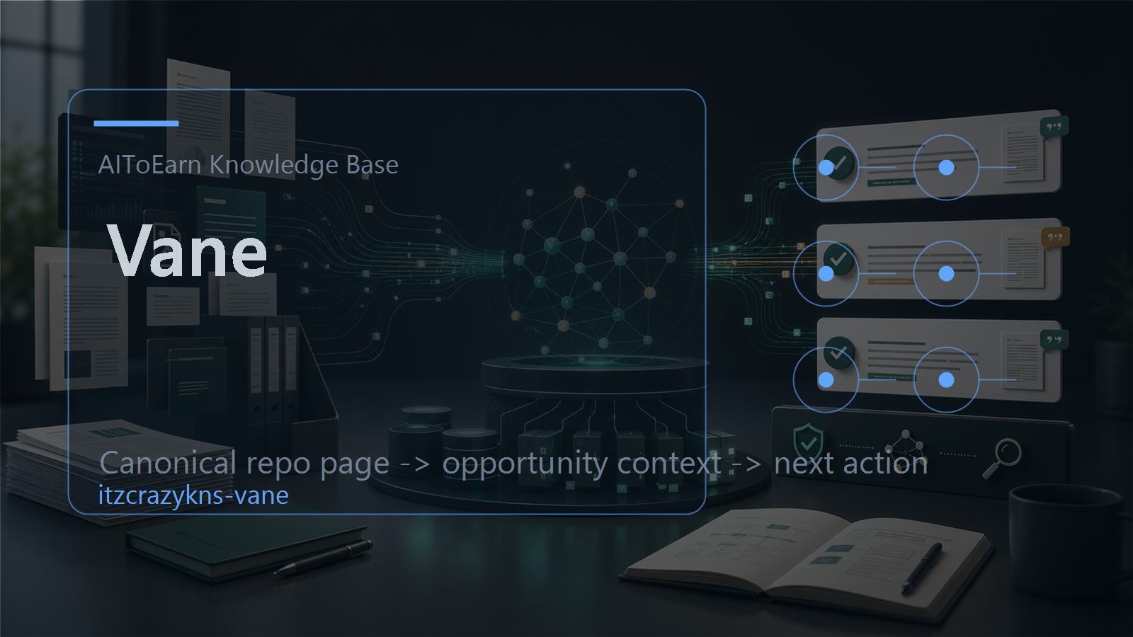 Knowledge-base page for Vane, shown as an AI opportunity intelligence visual tied to its topic cluster.