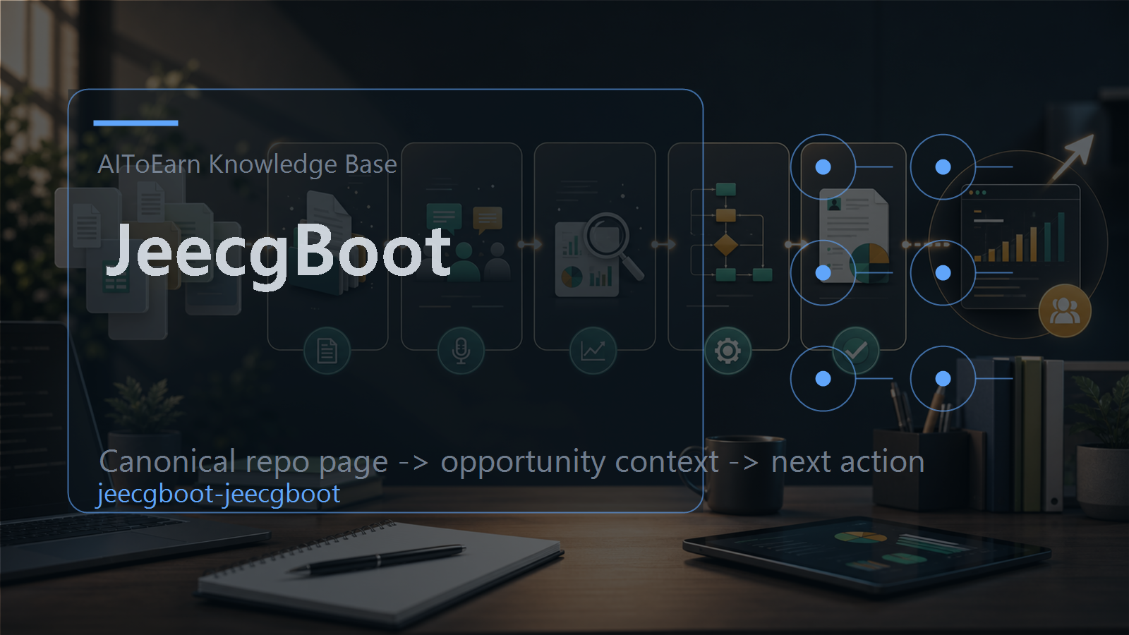Knowledge-base page for JeecgBoot, shown as an AI opportunity intelligence visual tied to its topic cluster.