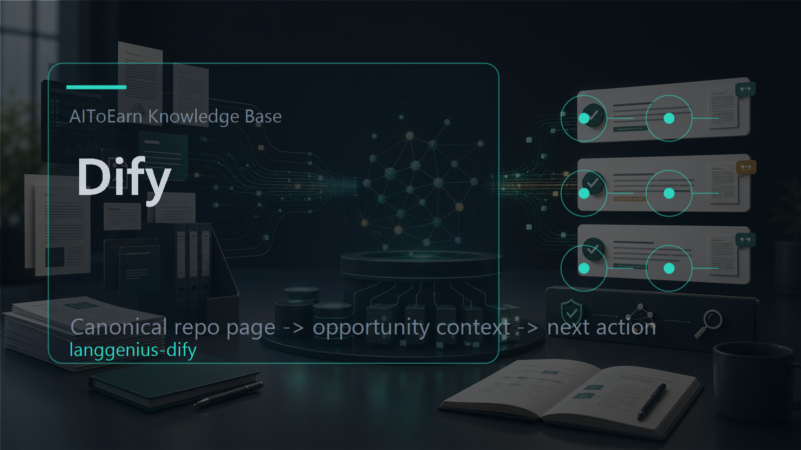 Knowledge-base page for Dify, shown as an AI opportunity intelligence visual tied to its topic cluster.