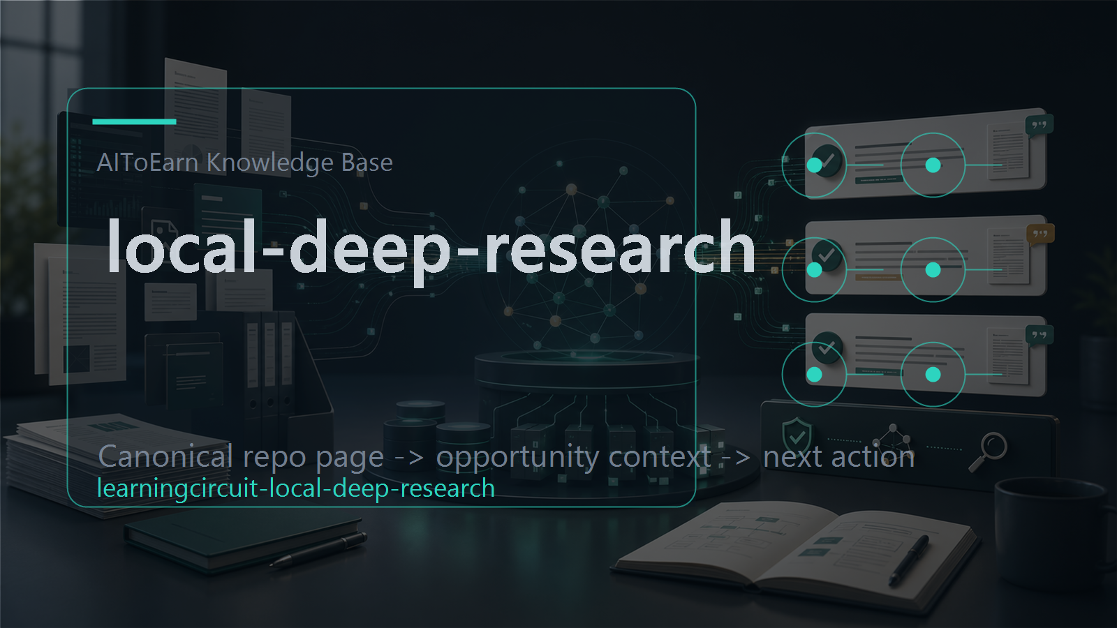Knowledge-base page for local-deep-research, shown as an AI opportunity intelligence visual tied to its topic cluster.
