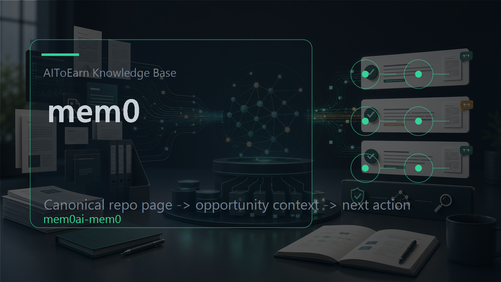 Knowledge-base page for mem0, shown as an AI opportunity intelligence visual tied to its topic cluster.