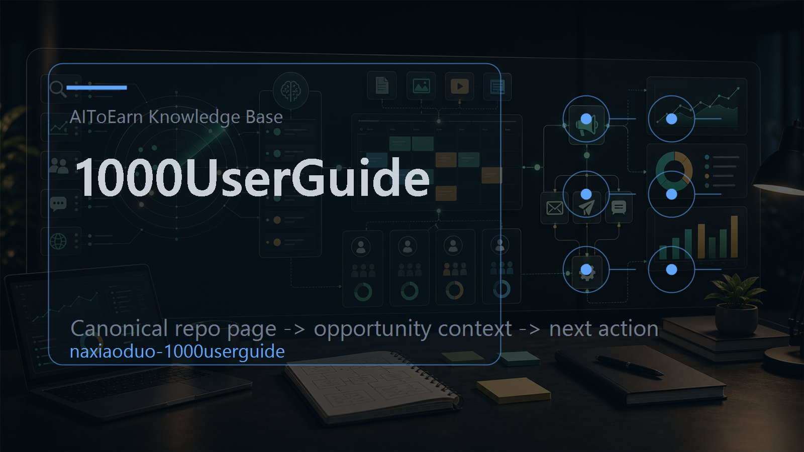 Knowledge-base page for 1000UserGuide, shown as an AI opportunity intelligence visual tied to its topic cluster.