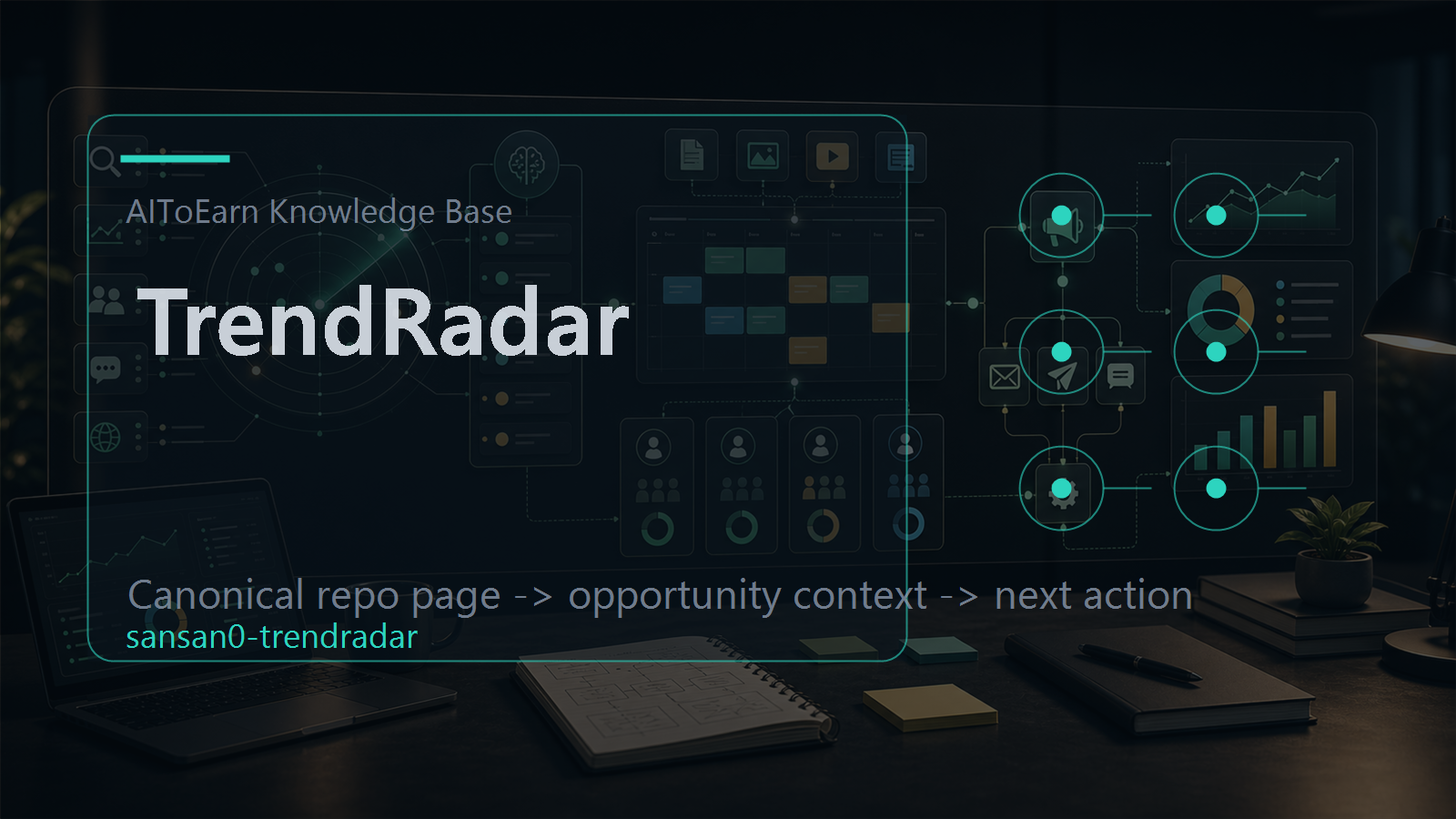 Knowledge-base page for TrendRadar, shown as an AI opportunity intelligence visual tied to its topic cluster.