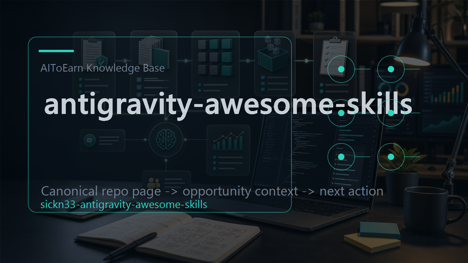 Knowledge-base page for antigravity-awesome-skills, shown as an AI opportunity intelligence visual tied to its topic cluster.