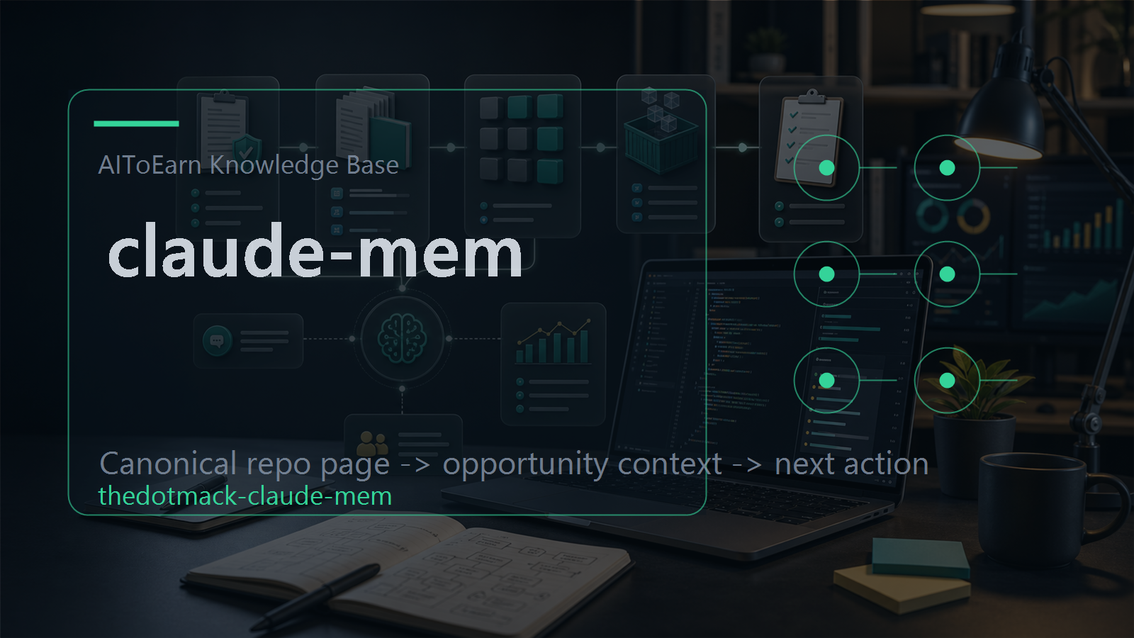Knowledge-base page for claude-mem, shown as an AI opportunity intelligence visual tied to its topic cluster.
